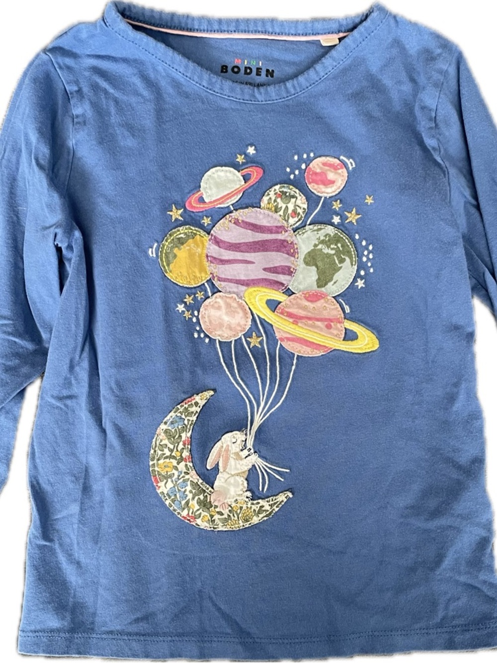 Mini Boden Blue Long-Sleeve Tee with Space Balloon Bunny Graphic